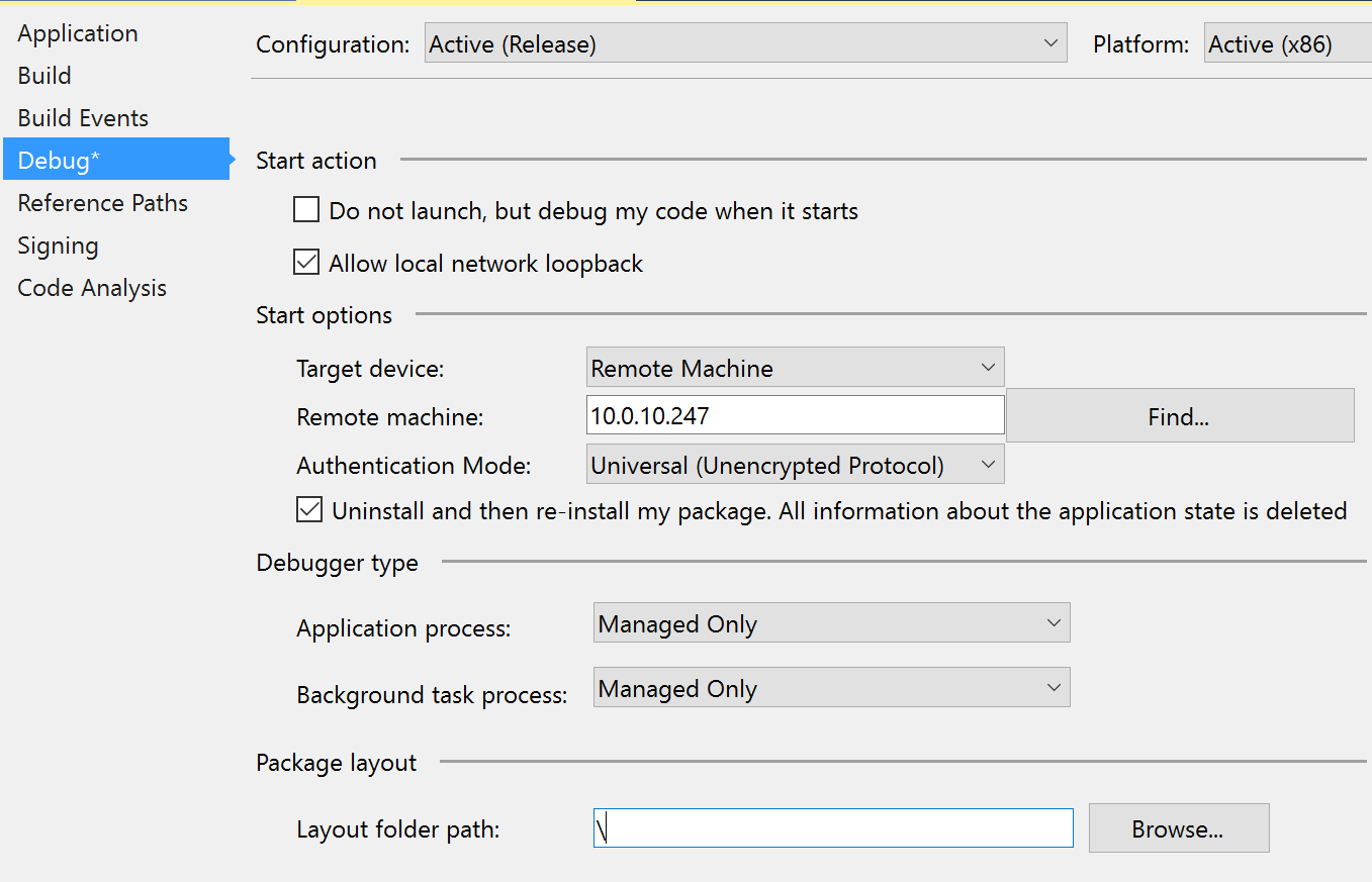 Project Properties - Debug tab