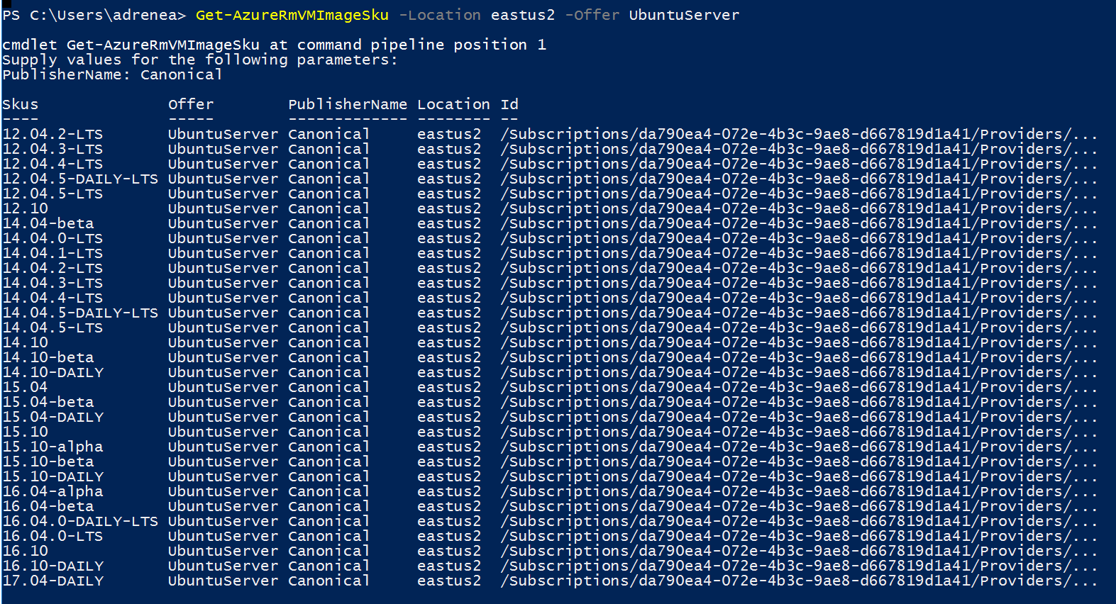 Ubuntu Server VM SKUs in EastUS 2